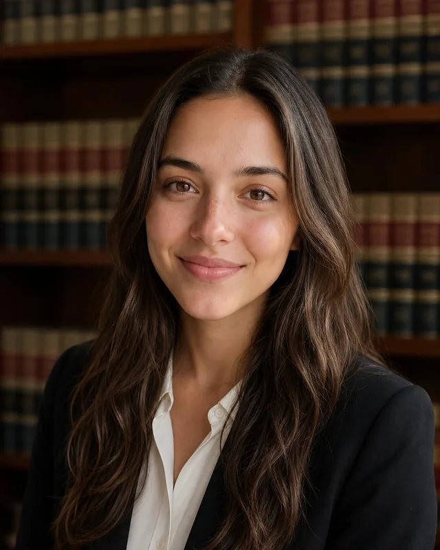 AI lawyer headshot: woman in a black suit jacket and white shirt in front of shelves of law books