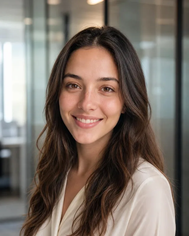 Woman in an ivory silk blouse smiling in a glass-walled law office