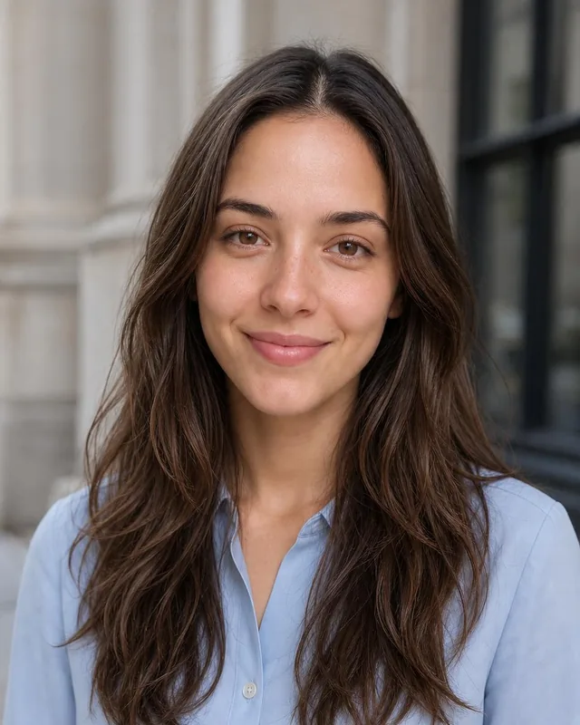 AI lawyer headshot: woman in a pale blue blouse in front of a stone building with columns
