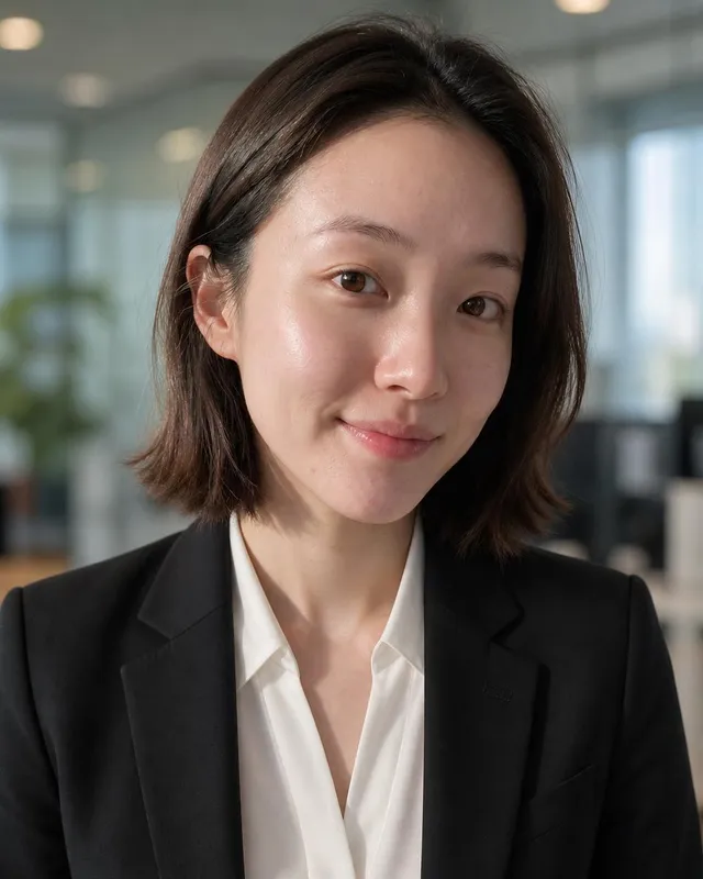 Woman in a black blazer and white shirt, office softly blurred behind