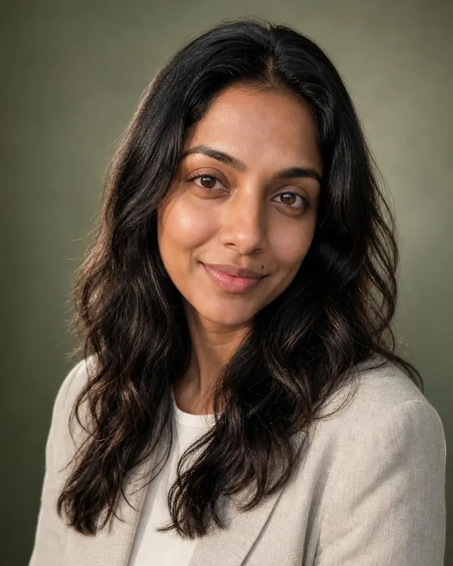 AI LinkedIn headshot: woman in a cream blazer against a sage green backdrop