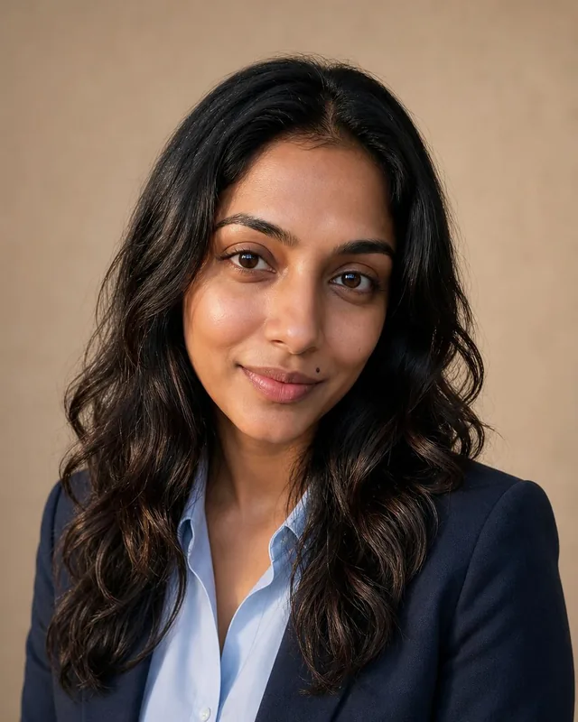 AI LinkedIn headshot: woman in a navy blazer and light blue shirt against a beige backdrop