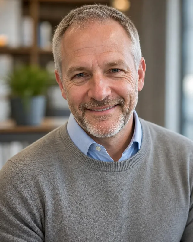 Man in a grey sweater over a blue shirt in a warm office