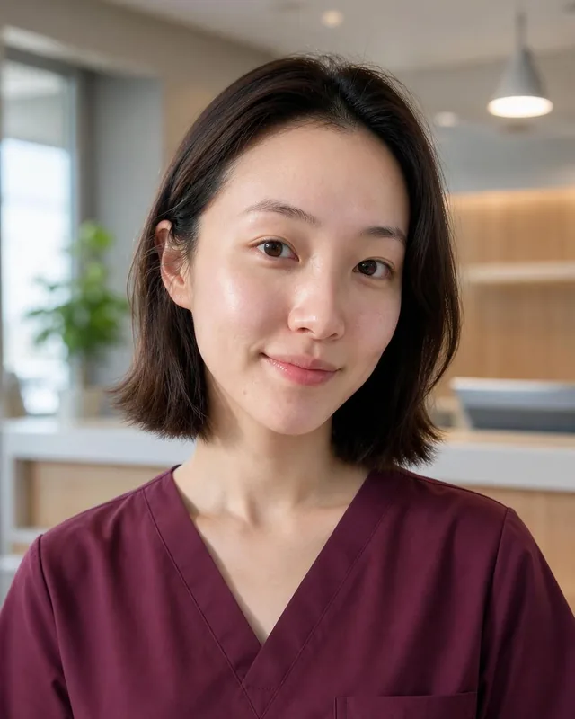 Woman in burgundy scrubs in a bright clinic
