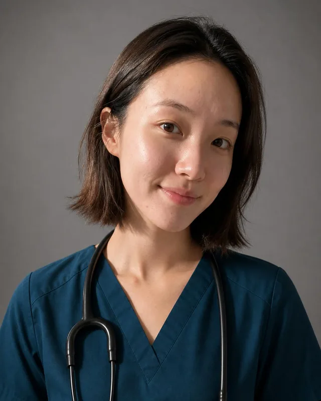 AI nurse headshot: woman in teal scrubs with a stethoscope against a grey backdrop