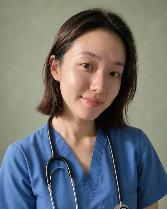 AI professional headshot: woman in ceil blue scrubs with a stethoscope against a sage green backdrop