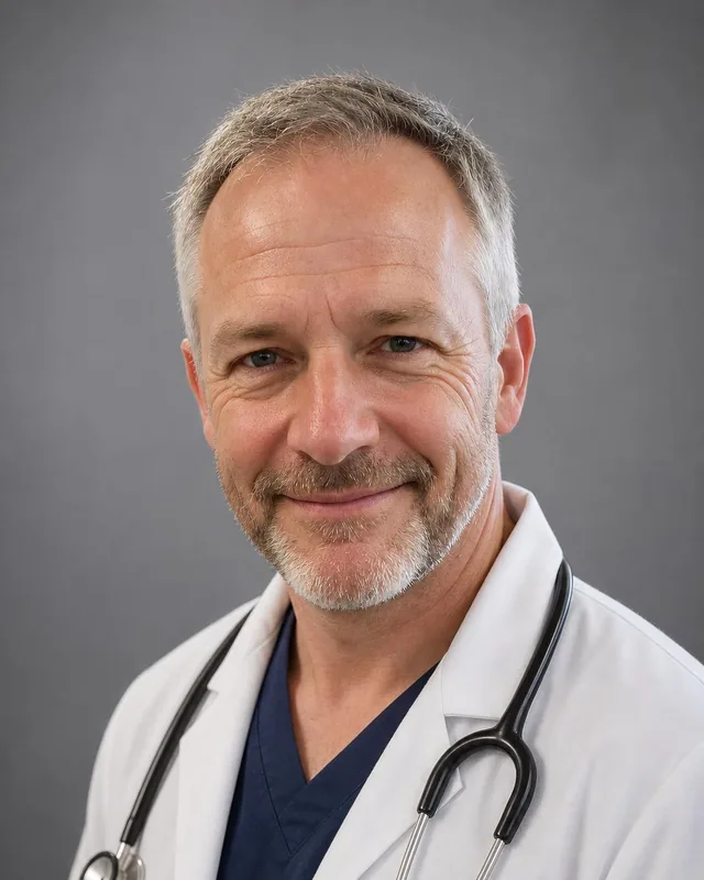 AI professional headshot: man in a white lab coat with a stethoscope against a grey backdrop