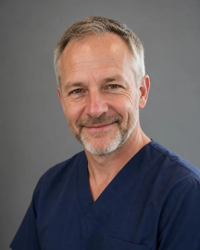 AI nurse headshot: man in navy scrubs against a grey studio backdrop