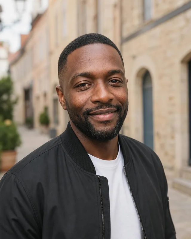 Man in a black bomber jacket and white t-shirt on a sunny old-town street