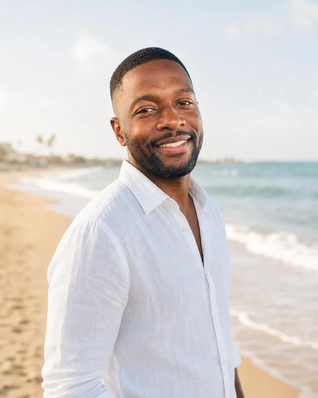 Man in a white linen shirt on a sandy beach