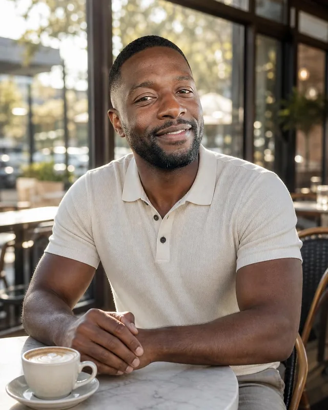 Man in a cream knit polo at a marble café table with a cappuccino