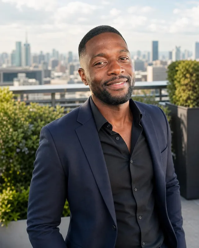 Man in a navy suit and black shirt on a rooftop with a city skyline