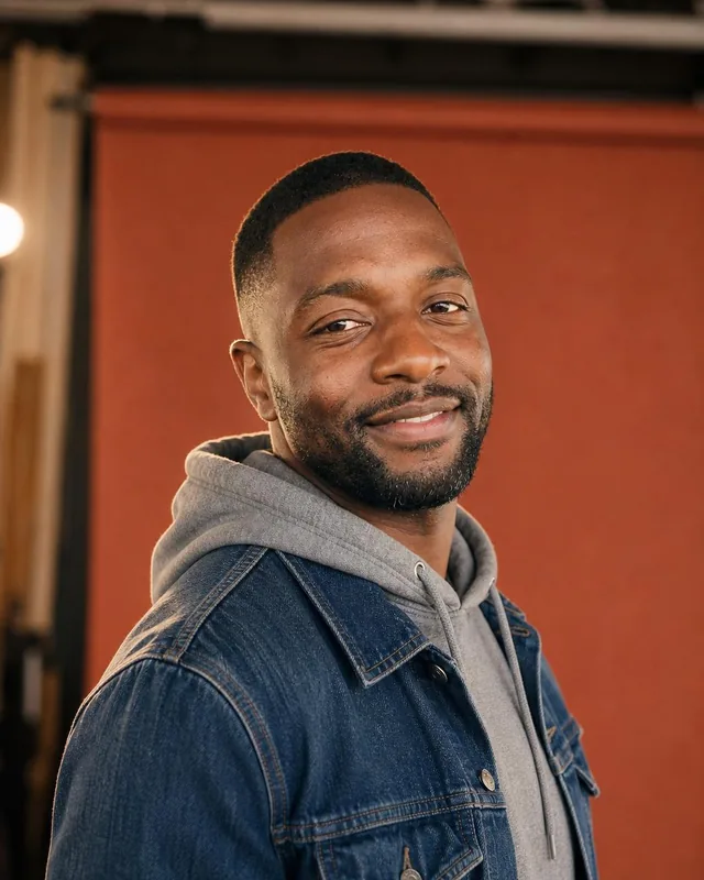 Man in a denim jacket over a grey hoodie against a terracotta backdrop