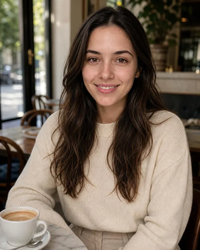 Woman in a cream knit top at a marble café table with a coffee