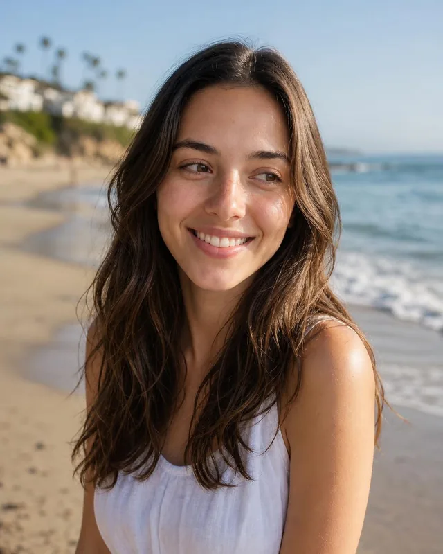Woman in a white sundress laughing on a beach