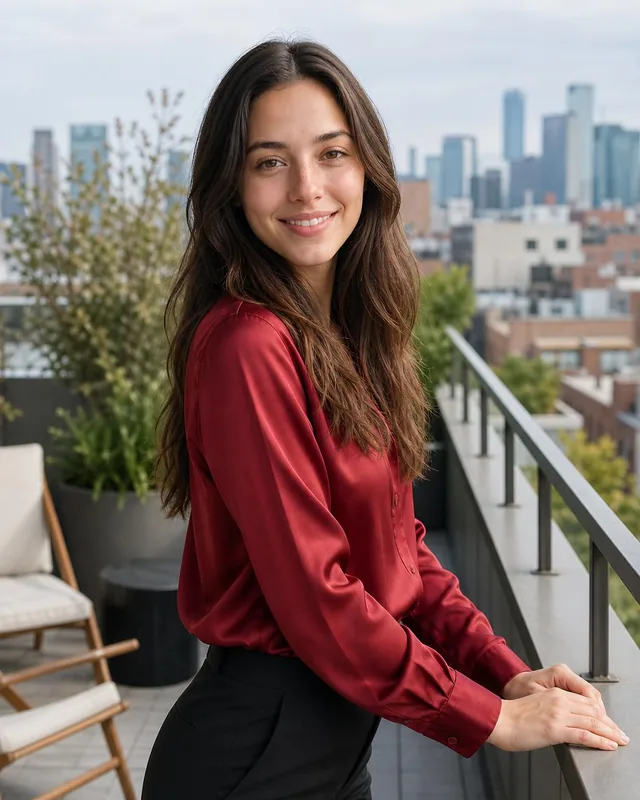 Woman in a red satin blouse leaning on a rooftop railing above the city
