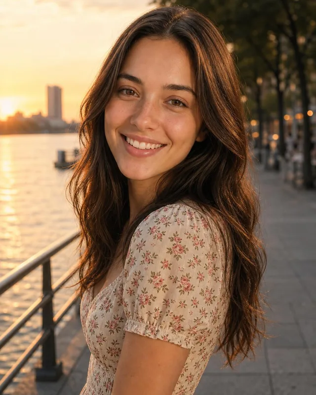 Woman in a floral dress on a waterfront promenade at sunset