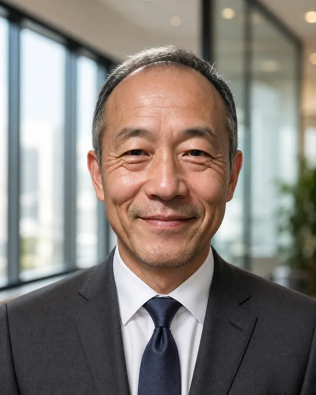 AI realtor headshot: man in a dark suit and navy tie in a bright office lobby