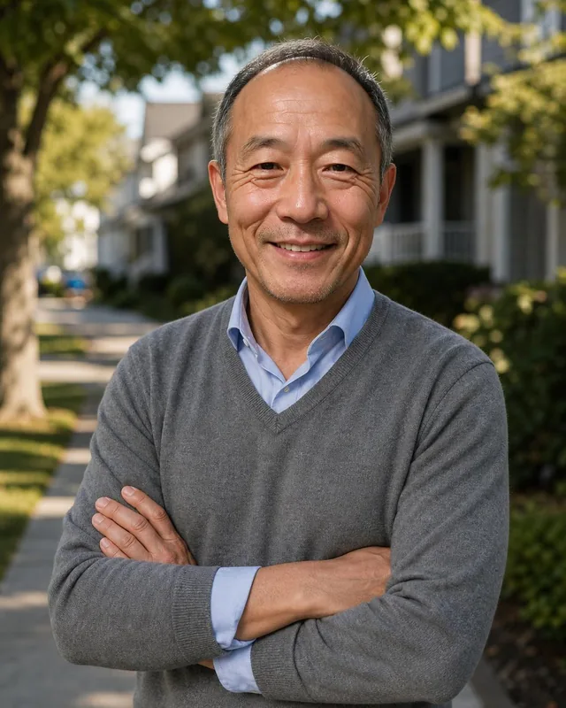 AI realtor headshot: man in a grey V-neck sweater, arms crossed, on a tree-lined residential street