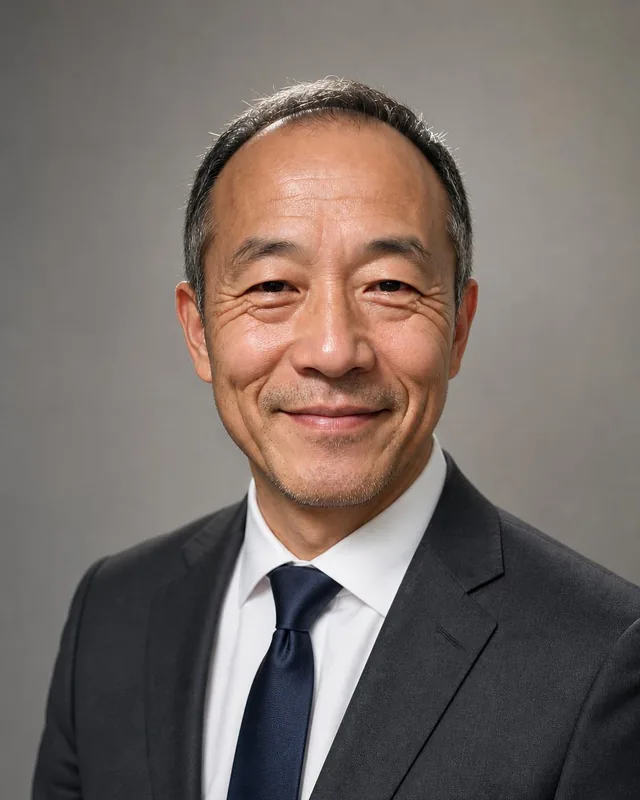 Man in a dark suit and navy tie against a grey studio backdrop