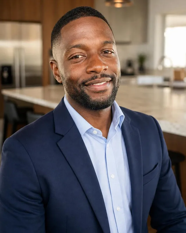 AI realtor headshot: man in a navy blazer in a modern kitchen