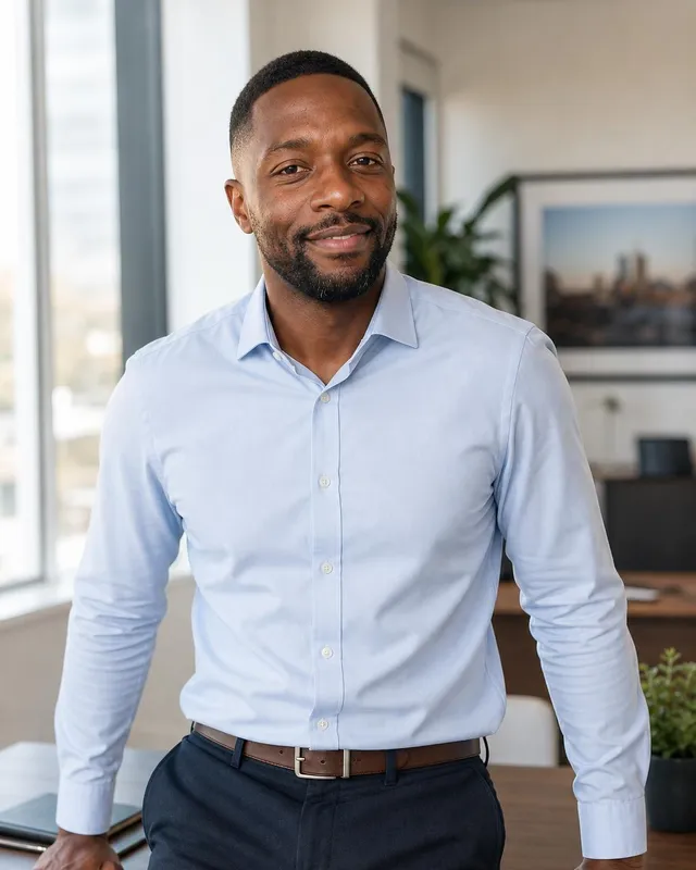 Man in a light blue shirt leaning on a desk in a bright office
