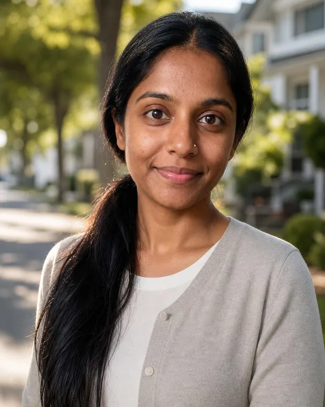 Real Estate headshot: woman in a light cardigan on a tree-lined residential street
