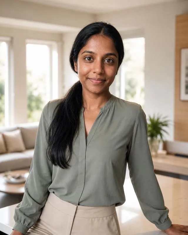 AI professional headshot: woman in a sage blouse leaning on a kitchen island in a bright home
