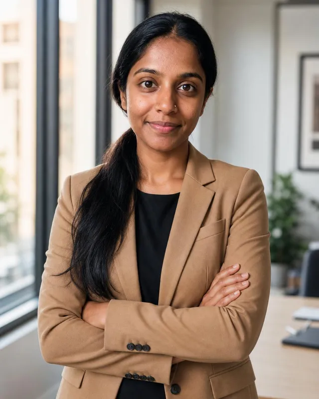 Woman in a camel blazer with arms crossed in a bright office