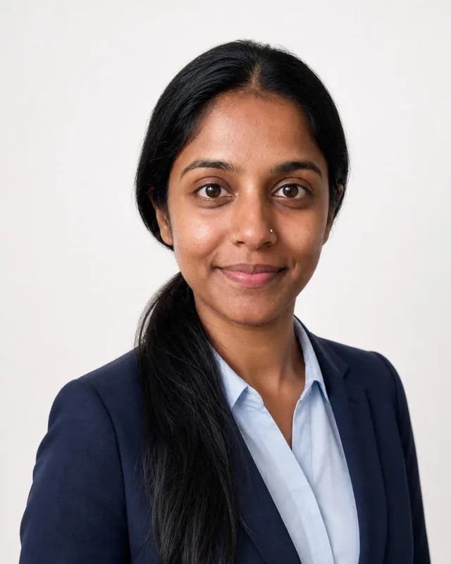 AI realtor headshot: woman in a navy blazer and light blue shirt against a white studio backdrop