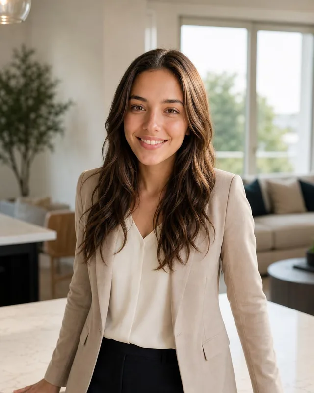 AI realtor headshot: woman in a beige blazer leaning on a marble kitchen island