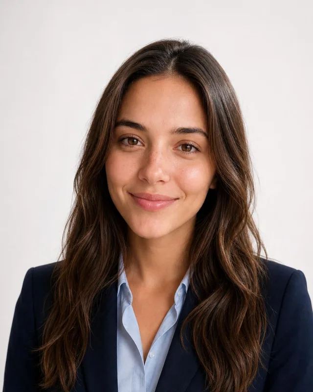 Woman in a navy blazer against a white studio backdrop