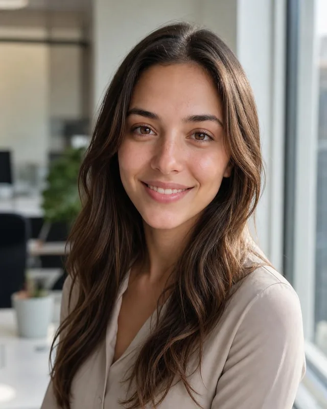 Woman in a taupe blouse by the window of a bright office