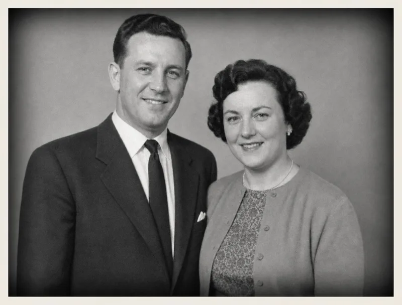 AI-restored old photo: restored: black-and-white portrait of a couple, creases repaired